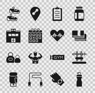 Fitness sallayıcıyı ayarla, benç, havluyla, spor antrenmanı programı, takvim fitness, spor salonu, spor ayakkabıları ve kalp atış hızı ikonu. Vektör