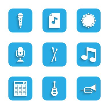 Bateri çubukları, Gitar, Trompet, Müzik Notası, Ton, Makine, Mikrofon, Düğme Seviyesi ve Simge Ayarla. Vektör