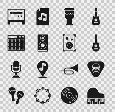 Grand piyano, Gitar penası, Davul, Stereo hoparlörü, makine, amplifikatör ve simge ayarla. Vektör
