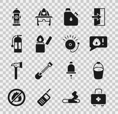İlk yardım çantasını, yangın kovasını, 911 'i, benzin bidonunu, yangın söndürücüyü, yangın musluğunu ve zil ikonunu ayarlayın. Vektör