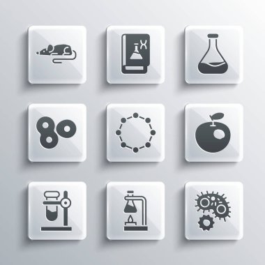 Test tüpünü ateşe verin, Virüs, genetik olarak değiştirilmiş elma, kimyasal formül, stand, hücre bölünmesi, deneysel fare ve simge. Vektör