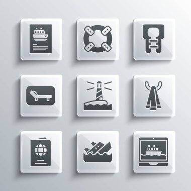 Batan yolcu gemisi, Cruise, Havlu askıda, Deniz feneri, Pasaport, güneşlik ve şemsiye ve Can yeleği ikonu. Vektör