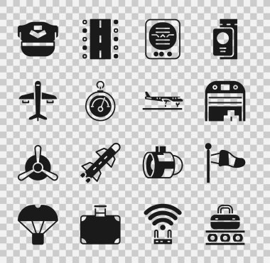 Taşıyıcı bandı bavula, koni meteoroloji rüzgar yastığına, uçak hangarına, tutum göstergesine, barometreye, uçağa, pilot şapkasına ve ikona ayarlayın. Vektör