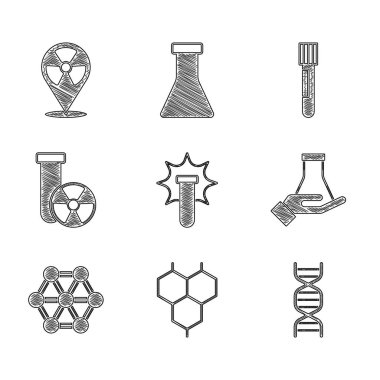 Kimyasal patlama, formül, DNA sembolü, tüp ve matara, molekül, radyasyon ve radyoaktifi konum simgesine yerleştir. Vektör