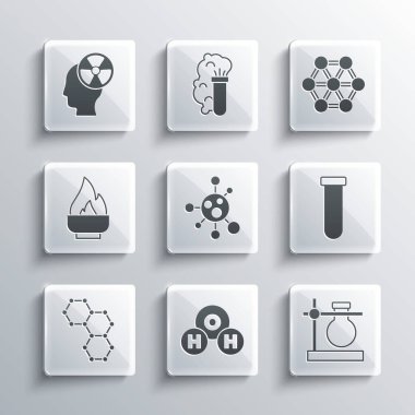 H2O için kimyasal formül, test tüpü şişesi, molekül, alkol ruh yakıcı, kafa radyasyonu sembolü ve ikonu hazırlayın. Vektör