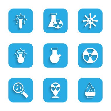 Test tüpü ve matarayı, radyoaktif konumu, alkolü veya ruh yakıcıyı, mikroorganizmaları büyüteç, kimyasal patlama, bakteri ve simge altında ayarla. Vektör