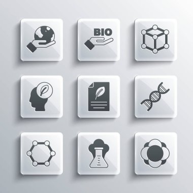 Kimyasal patlama, molekül, DNA sembolü, yapraklı eko kağıdı, içinde insan kafası, Dünya 'yı tutan el ve ikon. Vektör