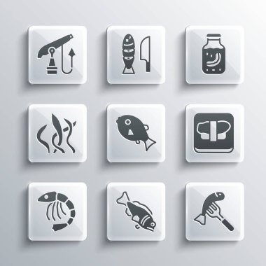 Balık, servis edilen balık, suşi kesme tahtası, tropik, karides, deniz yosunu, balık zıpkını ve salatalık kavanozu ikonu. Vektör