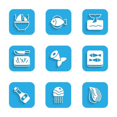 Balık kuyruğu, denizanası, midye, konserve, soya sosu şişesi, kesme tahtası ve bıçak, balina okyanusu dalgası ve köpekbalığı yüzgeci çorbası ikonu. Vektör