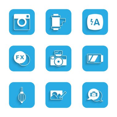 Fotoğraf makinesini flaş, rötuş, Batarya for, toz üfleyici, fx, Auto ve simge ile ayarla. Vektör