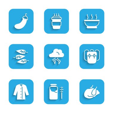 Set Storm, kavanoz bal ve dipper stick, kızarmış hindi tavuk, okul çantası, yağmurluk, yapraklar, sıcak çorba ve patlıcan ikonu. Vektör