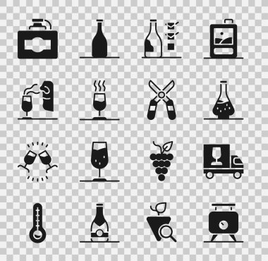 Üzüm fermantasyonu, şarap kamyonu şarap, şişe, tatma, içki, şarap, şarap, karton kutu ve bahçe makası ikonu. Vektör