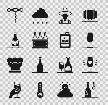 Şarap ısısını, camı, şapkayı, şarap kutusunu, şampanya şişesini, tirbuşonu ve karton ikonu ayarlayın. Vektör