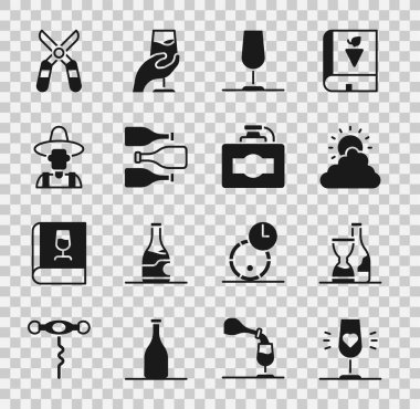 Şarap kadehi, bir şişe şarap, güneş ve bulut havası, şişe, çiftçi şapkası, bahçe makası ve karton kutu ikonu. Vektör