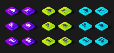 Şarap seti, şarap kamyonu, tatma, degukasyon, tahta fıçı, sıcaklık ve yağmur ikonlu bulut. Vektör