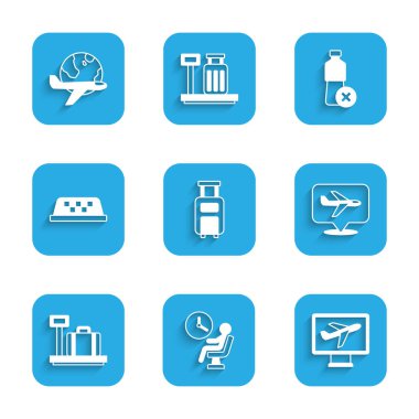 Bavul ayarla, insan havaalanı terminalinde bekliyor, uçak, bavullu ölçek, taksinin çatısı, su şişesi yok ve Globe 'un uçan uçak ikonu. Vektör