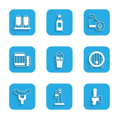 Bir bardak bira, bira musluğu, tahta fıçı, çatalda sosis demleme işlemi ve ikon. Vektör