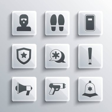Polis elektrik şoku, İngiliz polis kaskı, beysbol sopası, Hexagram şerifi, megafon, rozet, Hırsız maskesi ve saldırı kalkanı ikonu. Vektör