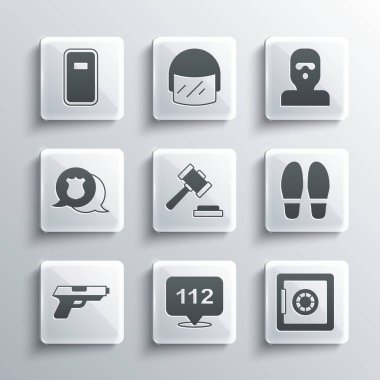 Telefon çağrısı 112, Güvenli, Adımlar, Yargıç tokmak, tabanca ya da silah, polis rozeti, saldırı kalkanı ve Hırsız maskesi ikonu. Vektör
