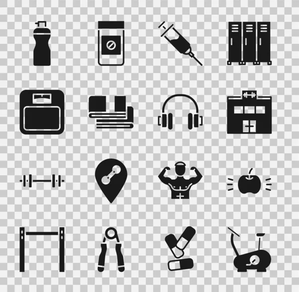 Sabit bisiklet, Apple, Spor Salonu, Doping şırıngası, Havlu yığını, Banyo terazisi, fitness karıştırıcı ve kulaklık ikonu. Vektör