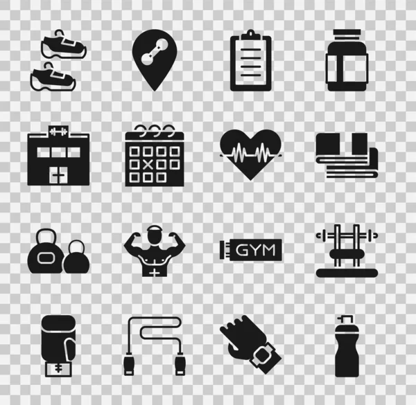 Fitness sallayıcıyı ayarla, benç, havluyla, spor antrenmanı programı, takvim fitness, spor salonu, spor ayakkabıları ve kalp atış hızı ikonu. Vektör