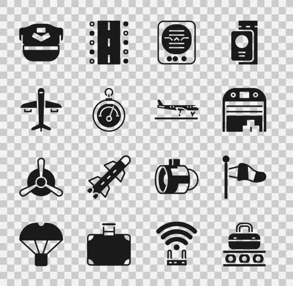 Taşıyıcı bandı bavula, koni meteoroloji rüzgar yastığına, uçak hangarına, tutum göstergesine, barometreye, uçağa, pilot şapkasına ve ikona ayarlayın. Vektör