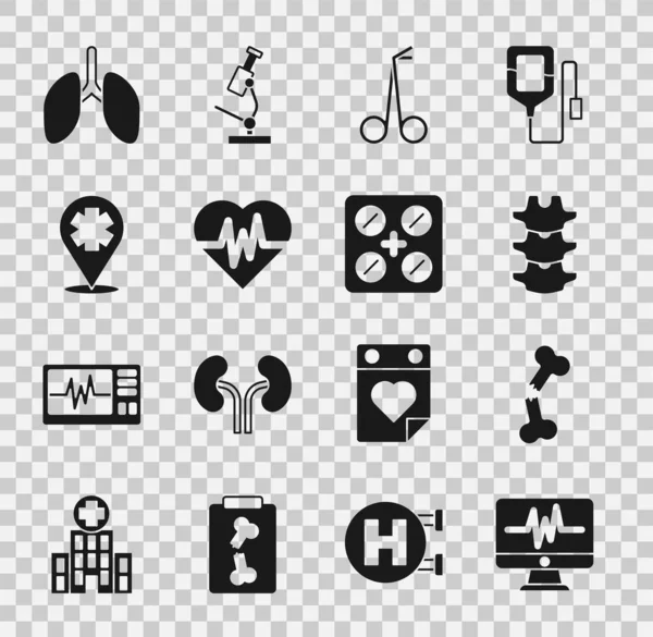 Set Moniteur Avec Cardiogramme Cassé Humain Colonne Vertébrale Ciseaux Médicaux — Image vectorielle