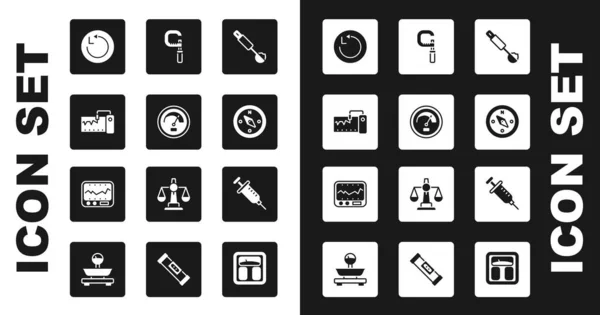 Set Messlöffel Geschwindigkeitsmesser Instrument Radius Kompass Mikrometer Spritze Und Symbol — Stockvektor