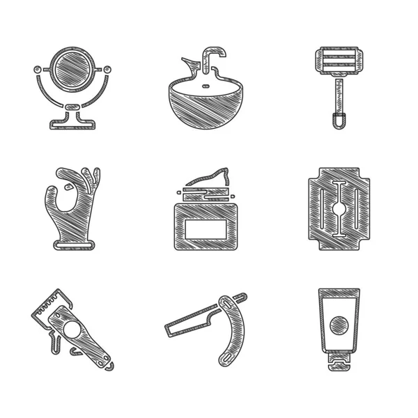 Krem kozmetik kavanozu, düz jilet, tüp, bıçak, elektrikli saç makası, tıbbi lastik eldivenler, tıraş ve yuvarlak makyaj aynası ikonu. Vektör