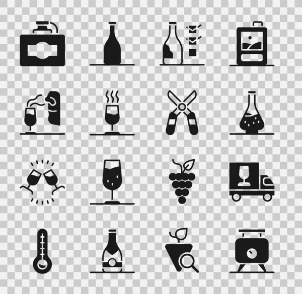 Üzüm fermantasyonu, şarap kamyonu şarap, şişe, tatma, içki, şarap, şarap, karton kutu ve bahçe makası ikonu. Vektör
