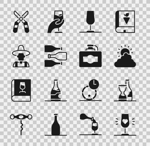 Şarap kadehi, bir şişe şarap, güneş ve bulut havası, şişe, çiftçi şapkası, bahçe makası ve karton kutu ikonu. Vektör