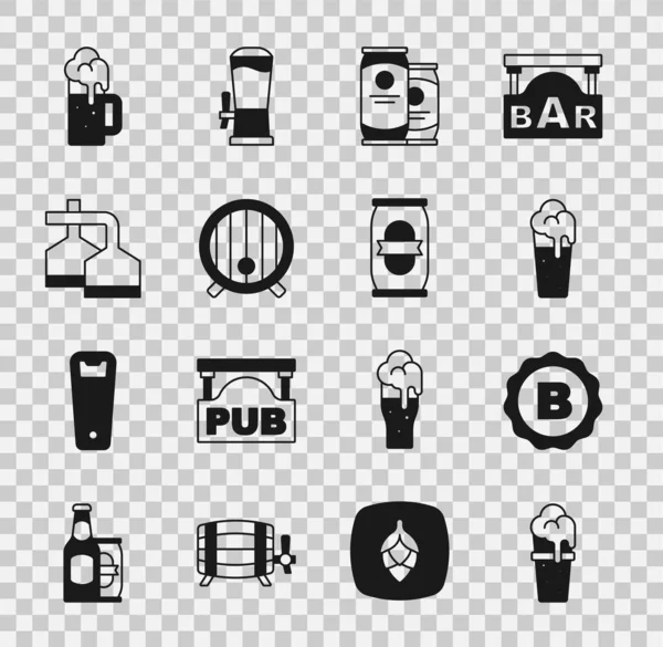采购产品玻璃杯啤酒 瓶盖与 啤酒罐 酿造过程 杯子和图标 — 图库矢量图片
