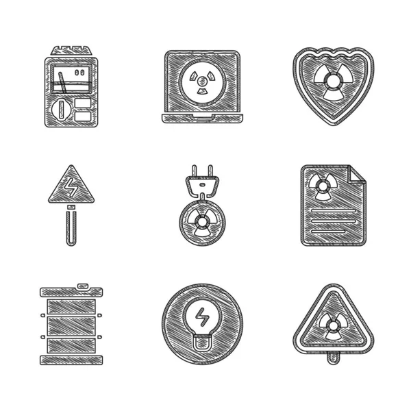 Conjunto Enchufe Eléctrico Radiación Bombilla Con Concepto Idea Radiación Triangular — Archivo Imágenes Vectoriales