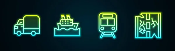 Set Line Dodávka Nákladní Vůz Cruise Loď Vlak Železnice Broken — Stockový vektor