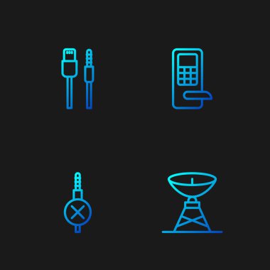 Uydu antenini ayarla, ses kablosu yok, USB kablosu ve dijital kapı kilidi. Renk simgeleri. Vektör