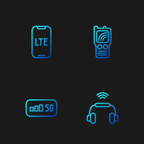 Set line Sistem headphone Smart, 5G internet nirkabel, jaringan LTE dan Walkie talkie. Ikon warna gradien. Vektor - Stok Vektor
