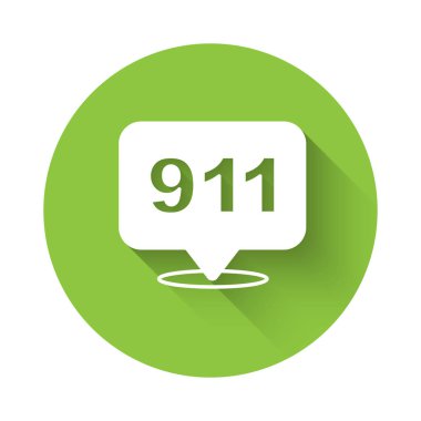 Acil durumda aranacak beyaz telefon. 911 'i arayın. Uzun gölgeli bir geçmişi var. Polis, ambulans, itfaiye, çağrı, telefon. Yeşil daire düğmesi. Vektör