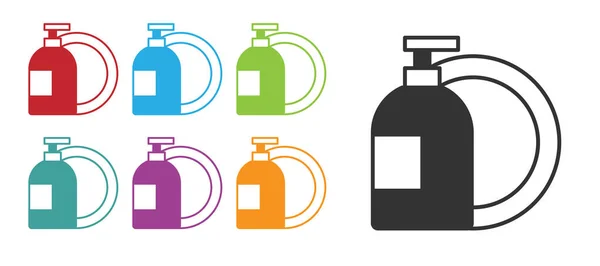 Zwarte afwasmiddel fles en plaat pictogram geïsoleerd op witte achtergrond. Vloeibaar wasmiddel voor de afwas. Stel pictogrammen kleurrijk. Vector — Stockvector