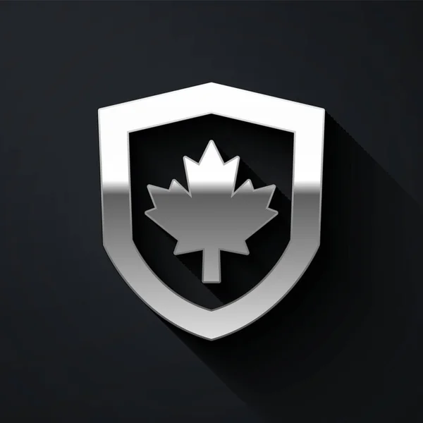 Drapeau Canada argenté sur l'icône du bouclier isolé sur fond noir. Style ombre longue. Vecteur — Image vectorielle