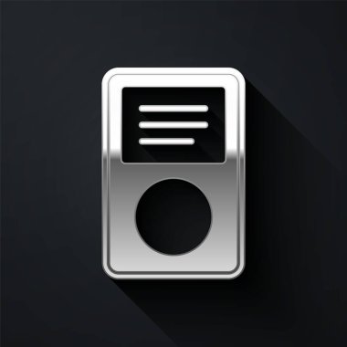 Silver Music player simgesi siyah arkaplanda izole edildi. Taşınabilir müzik cihazı. Uzun gölge tarzı. Vektör