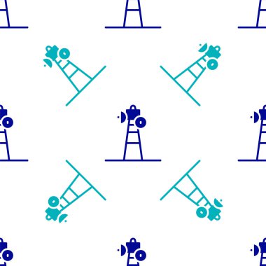 Mavi uydu çanak ikonu beyaz arkaplanda izole edilmiş pürüzsüz desen. Radyo anten, astronomi ve uzay araştırması. Vektör