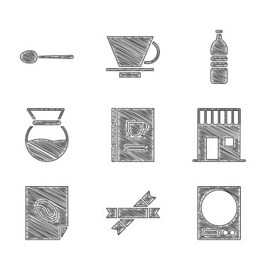 Kahve kitabı, şeker çubuğu paketleri, elektronik teraziler, dükkan, poster kahve makinesinin üzerine dök, şişe suyu ve kaşık ikonu. Vektör