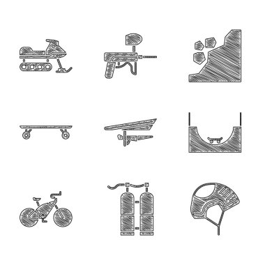 Hang planör, Aqualung, Helmet, Paten Parkı, Bisiklet, Uzunkaykay, Landslide ve Snowmobile ikonu. Vektör
