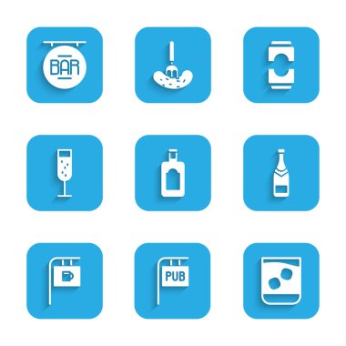 Viski şişesi, barlı sokak tabelası, bir bardak viski, şampanya, bar, şampanya, bira kutusu ve ikon. Vektör