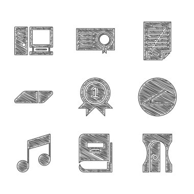 Madalya, kitap, kalem açı, akut açı, müzik notası, ton, silgi veya lastik, sınav kağıdı ve bilgisayar monitörü simgesini ayarlayın. Vektör