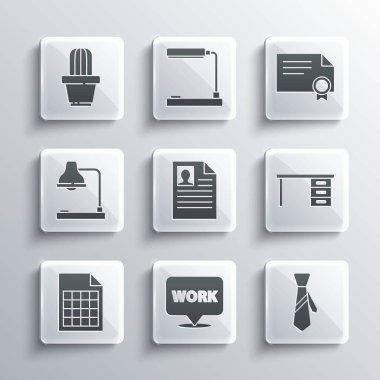 Metin çalışması, Kravat, Ofis masası, Özgeçmiş, Dosya belgesi, Masa lambası, Kaktüs ve tencere ve Sertifika şablon simgesiyle konumu ayarlayın. Vektör