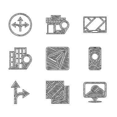 Şehir haritası navigasyon bilgisini, Katlanmış, Konum, Şehir, Yol trafik işaretini, ev, GPS aygıtı ve simgeyle ayarla. Vektör