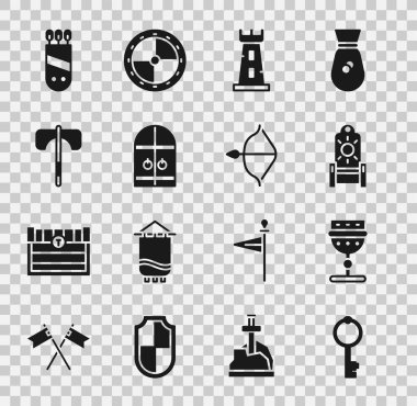 Eski anahtar, ortaçağ kadehi, taht, kale kulesi, kale kapısı, balta, oklu titreşim, yay ve ikon. Vektör