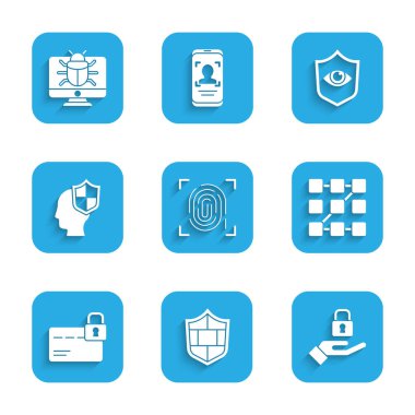 Parmak izini ayarla, tuğla duvarlı kalkan, kilit eli, grafiksel şifre koruması, kredi kartı kilidi, kafa kalkanı, göz ve sistem hata ayıklama simgesi. Vektör
