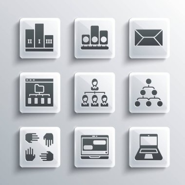 Sohbet mesajlarını laptop, Laptop, Hiyerarşi organogram şeması, Proje ekibi tabanı, Tarayıcı dosyaları, Kazanan podyum ve Envelope simgesi ödülüne ayarla. Vektör